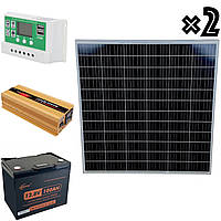 Домашня зарядна станція 1000Вт із сонячними панелями 2×170W + інвертор 1000/2000Вт правильна синусоїда + ШИМ та АКБ 12V 100Ah
