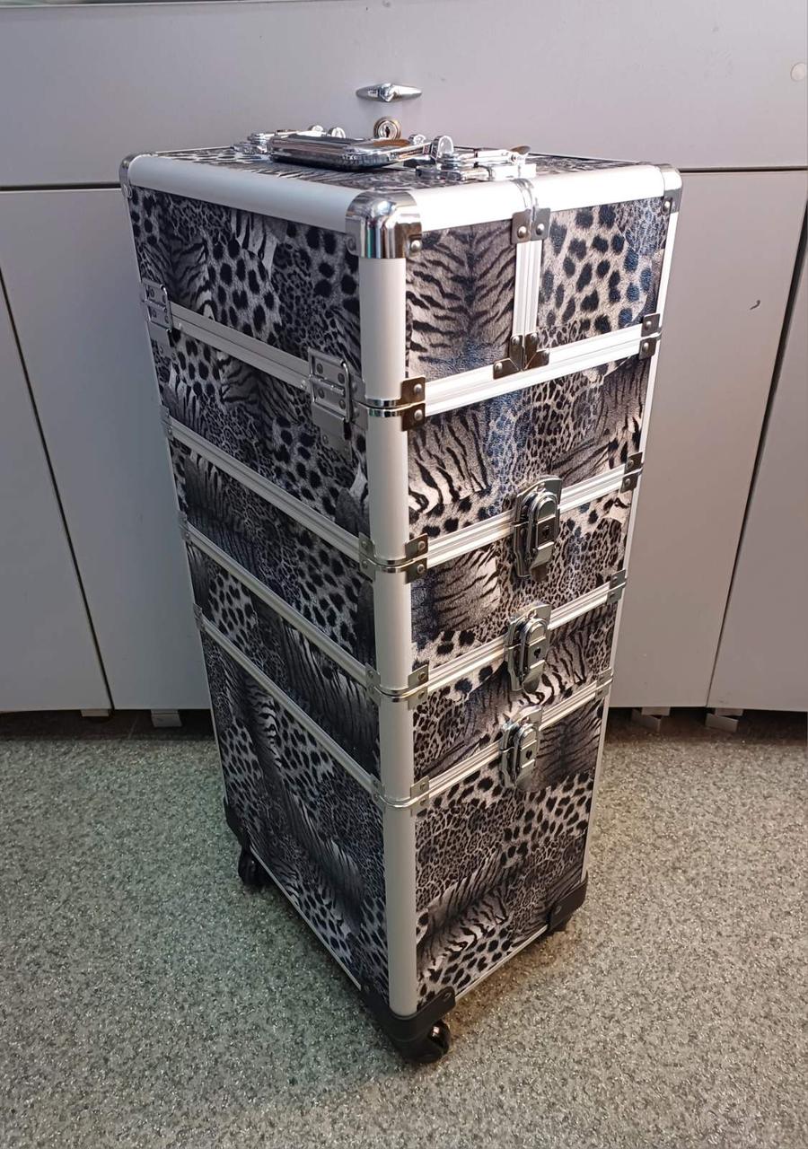 Бьюті-кейс на колесах (великий, леопард) – валіза майстра для косметики 4 секції, фото 1
