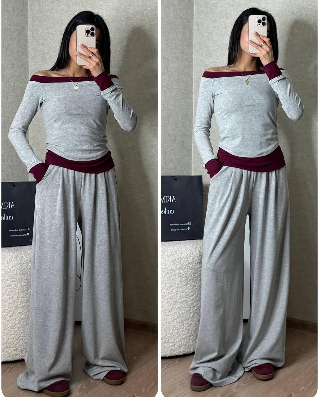 Жіночий демісезонний чорний комплект-двійка з віскози: кофта-обманка з бордовою вставкою і прямі штани, фото 1