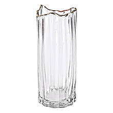 Декоративна скляна ваза для квітів, 10 x 10 x 24,5 см з золотою окантовкою.