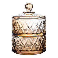 Цукерниця скляна із кришкою дворівнева Ø 10 см ваза конфетница коричнева