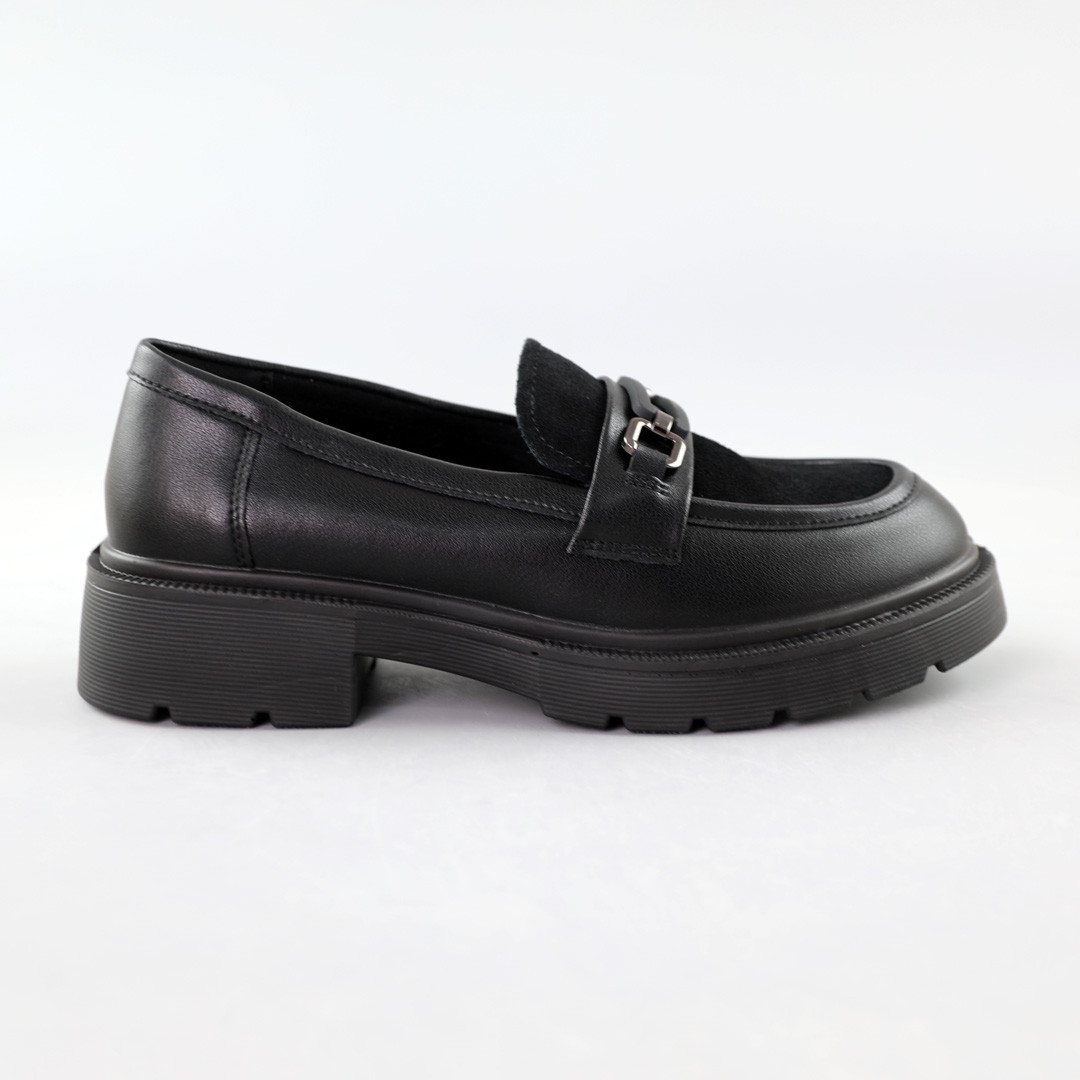 Лофери жіночі на тракторній підошві шкіряні 591621 Чорні, фото 1