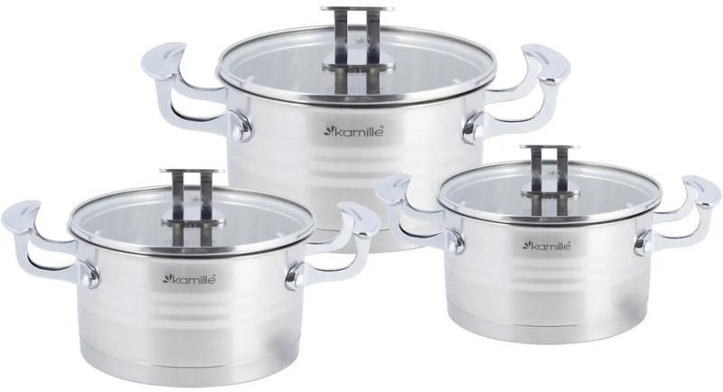 Набір 3 каструлі Kamille Casserote 1.7л, 2.4л, 3.1л з нержавіючої сталі зі скляними кришками