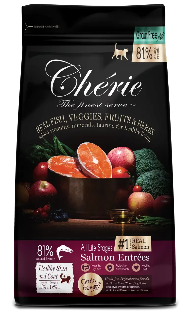 БЕЗЗЕРНОВИЙ СУХИЙ КОРМ ДЛЯ КОТІВ З ЛОСОСЕМ CHERIE HEALTHY SKIN AND COAT SALMON ENTRЕES ДЛЯ ЗДОРОВ'Я ШКІРИ ТА ШЕРСТІ 2 КГ