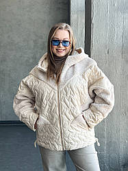 Жіноча молочна світла демісезонна комбінована фірмова куртка з капюшоном