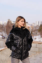 Жіноча чорна демісезонна комбінована фірмова куртка з капюшоном