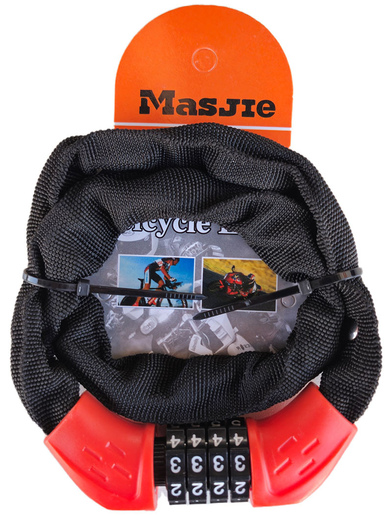 Велозамок ланцюговий кодовий Masjie 65166 (4x600 мм) чорний з червоним