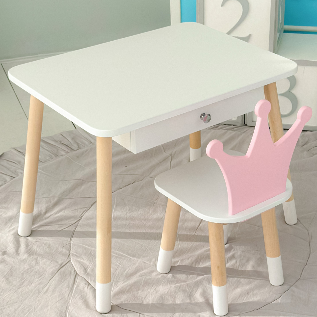 Дитячий столик з ящиком 46х60х45 і стільчик корона 26.5х26х25, стіл та стілець для дівчинки, білий з рожевим, фото 1