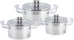 Набір 3 каструлі Kamille Casserote 1.7 л, 2.4 л, 3.1 л із неіржавкої сталі зі скляними кришками