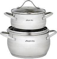 Набір 2 каструлі Kamille Fine Silver Pen 2.1 л і 3.7 л із неіржавкої сталі зі скляними кришками