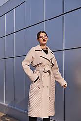 Демісезонне світле двобортне комбіноване пальто з кашеміру та стьобаної плащової тканини