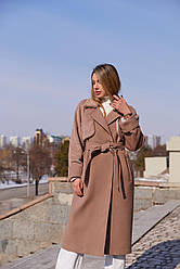 Двобортне демісезонне пальто-тренч із кашеміру з оздобленням з екохутра під норку