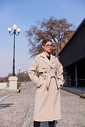 Жіноче молочне демісезонне кашемірове двобортне пальто з патами, поясом, пелериною