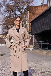 Жіноче бежеве демісезонне кашемірове довге пальто з поясом, бежеве демісезонне пальто