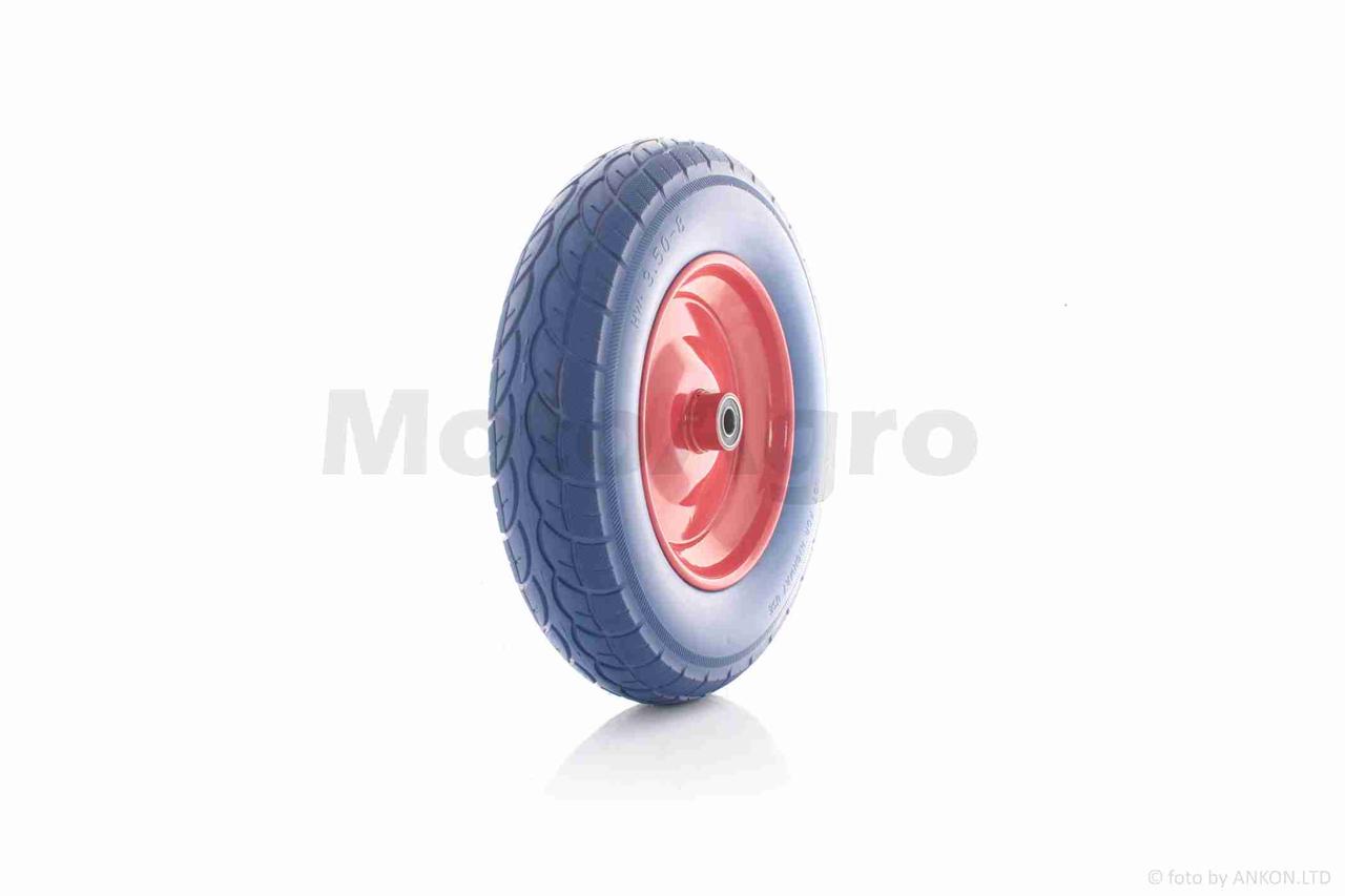 Колесо для тачки у зборі 3.50-8 (поліуретановий синій червоний диск підшипник 6202 Ø16), фото 1