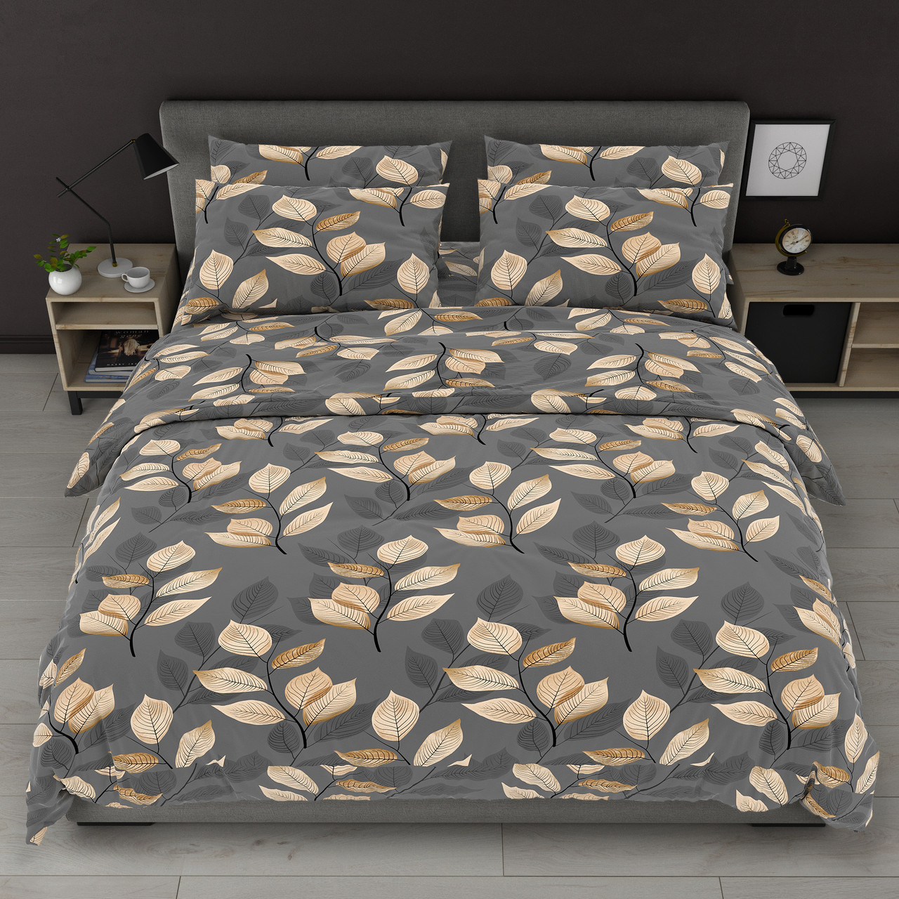 Простирадло 150х220 (Бязь) | Полуторне простирадло від виробника "Королева Ночі" | Листя на сірому, фото 1