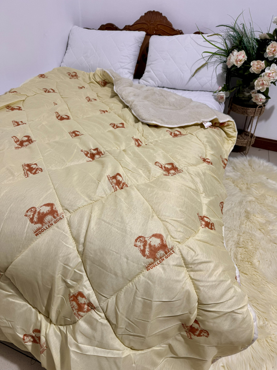 Ковдра зимова двостороння напівторна з відкритим хутром з овчини 145х210, фото 1