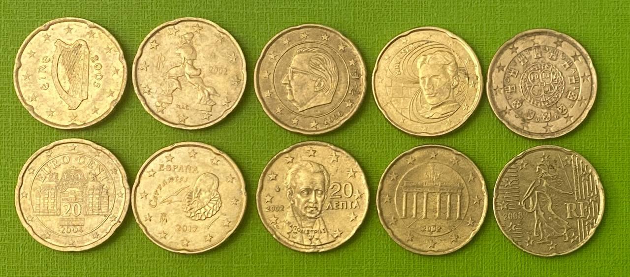 Набір монет Євросоюзу 20 євроцентів 10 монет — 10 країн