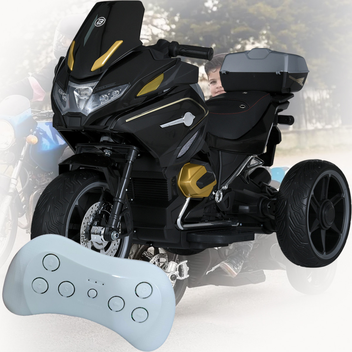 Триколісний мотоцикл на пульті керування та 2-ма моторами музикою Bambi M 5830EBL-2 Чорний