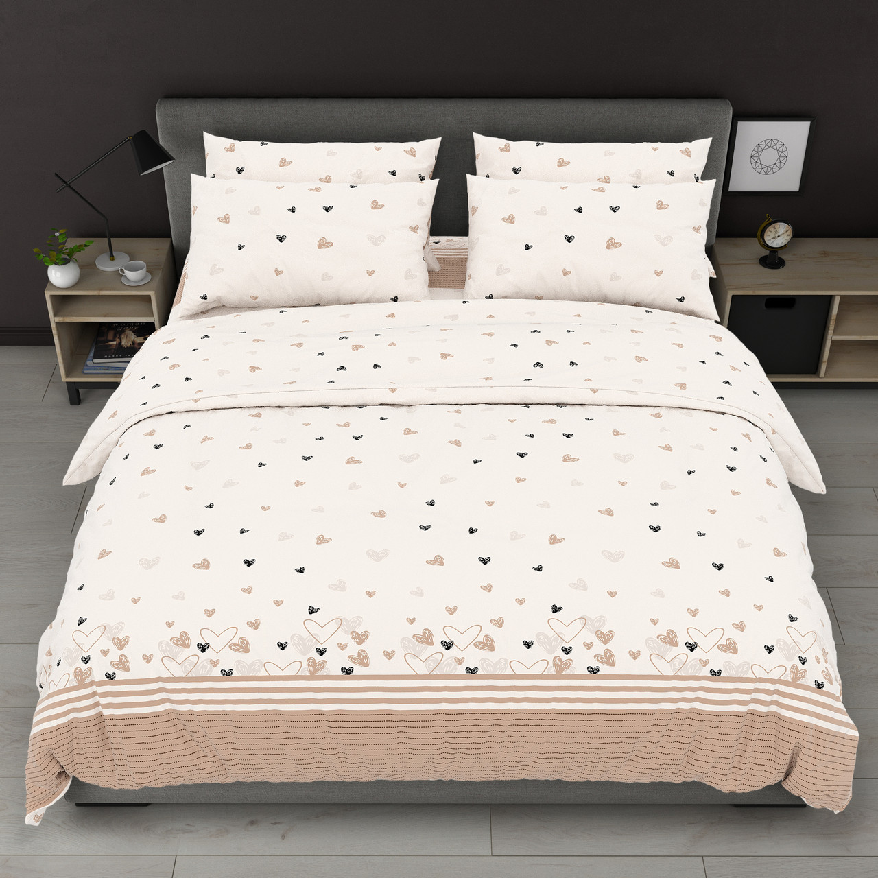Підковдра на блискавці 145х215 (Бязь) | Полуторна підковдра від виробника "Королева Ночі" | Смуги та серця на бежевому, фото 1