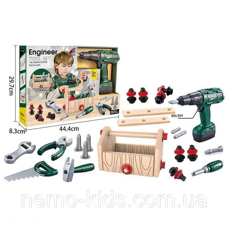 Набір інструментів мастера 41 елемент, шурупокрут на батарейках, ящик для інструментів, подарунок для хлопчика, фото 1