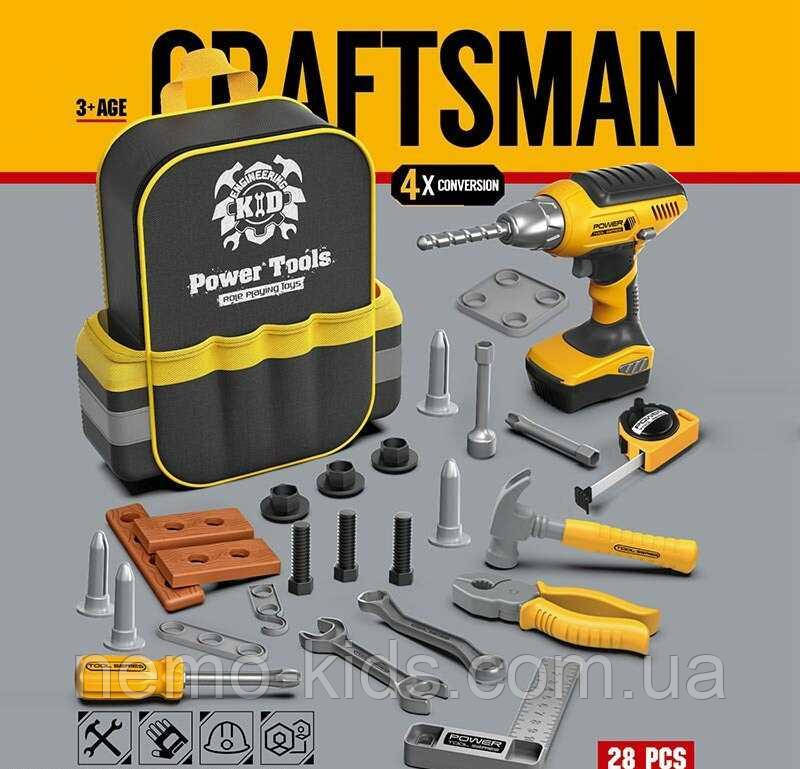 Набір інструментів T 025 (18) 28 аксесуарів, дриль із підсвічуванням, на батарейках, рюкзак, рулетка,, фото 1