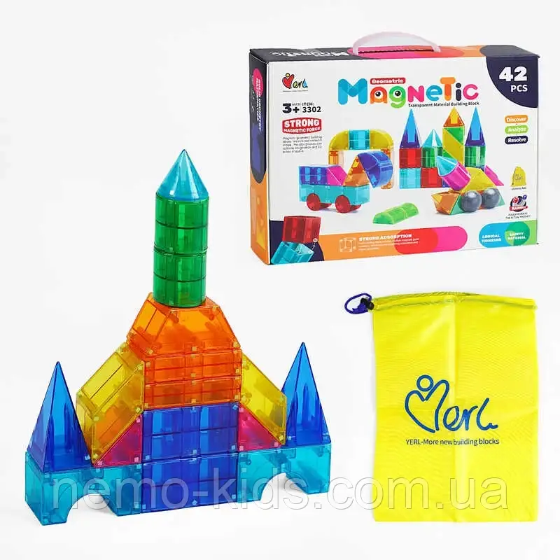 Конструктор 3302 (12) магнітний, 42 елементи, геометричні фігури, книжка із завданнями, в коробці, фото 1
