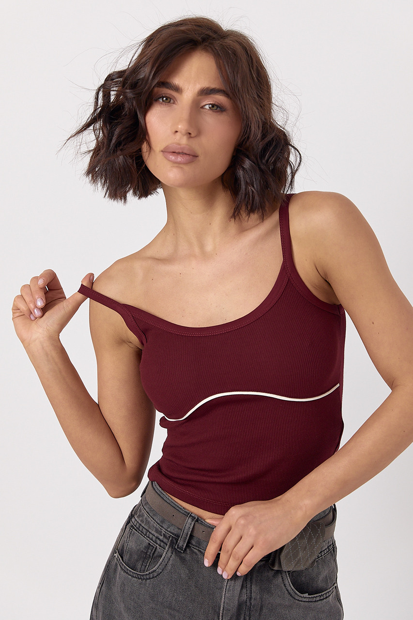 Майка в рубчик з контрастною вставкою під грудьми - бордо цвет, M (є розміри), фото 1