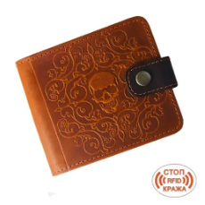 Гаманець із RFID захистом стоп крадіжка "Череп" з натуральної шкіри з художнім тисненням, фото 1