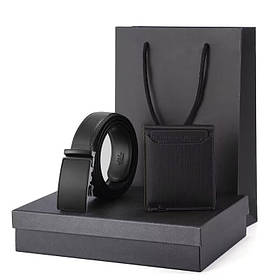 Набір — чоловічий шкіряний ремінь автомат і гаманець-шум. Чоловічий подарунковий набір у коробці (чорний)