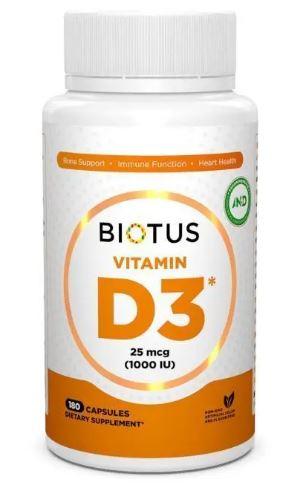 Вітамін D3, Vitamin D3, Biotus, 1000 МО, 180 капсул