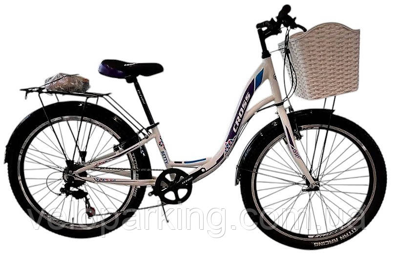 Дамський міський 26 Betty велосипед дорожній 7 швидкісний з багажником і кошиком білий 2025