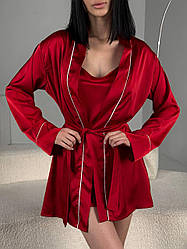 Жіноча піжама спокусливий жіночий одяг для дому халат майка шорти шовк на подарунок комплект трійка Червоний, 42/44