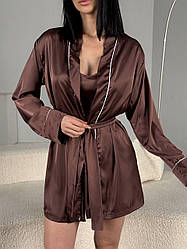 Жіноча піжама спокусливий жіночий одяг для дому халат майка шорти шовк на подарунок комплект трійка Шоколад, 42/44