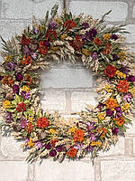 Вінок з натуральних сухоцвітів сафлора і злаків, еко вінок оберіг на двері, флористичний вінок. Д 45 см