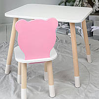 Комплект в дитячу столик прямокутний і стільчик ведмедик, стіл 46х60х45 та стілець 26.5х26х25 для ігор і навчання, білий з рожевим, фото 7