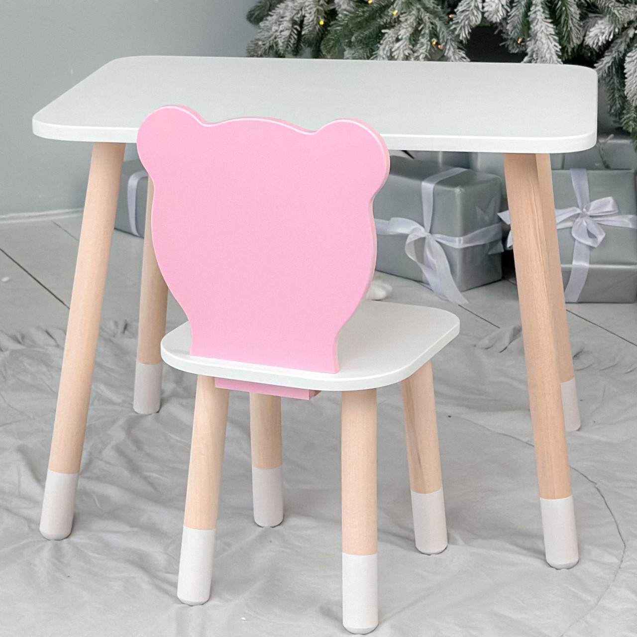 Комплект в дитячу столик прямокутний і стільчик ведмедик, стіл 46х60х45 та стілець 26.5х26х25 для ігор і навчання, білий з рожевим, фото 1