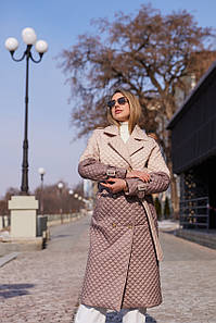 Плащ жіночий стьобаний двобортний з поясом плащова тканина якість преміум бежевий