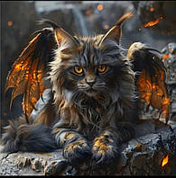 Алмазна мозаїка Демонський кіт з крилами, 40х40 см, Картина стразами (повна викладка, круглі камені)