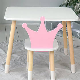 Дитячий білий прямокутний стіл 46х60х45 і стільчик корона 26.5х26х25. набір меблів для ігор/уроків, білий з рожевим