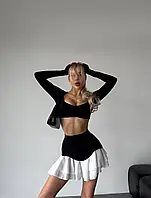 Трендовая женская юбка с имитацией баски верх джинс воланы креп шифон SM LXL черный голубой бежевый