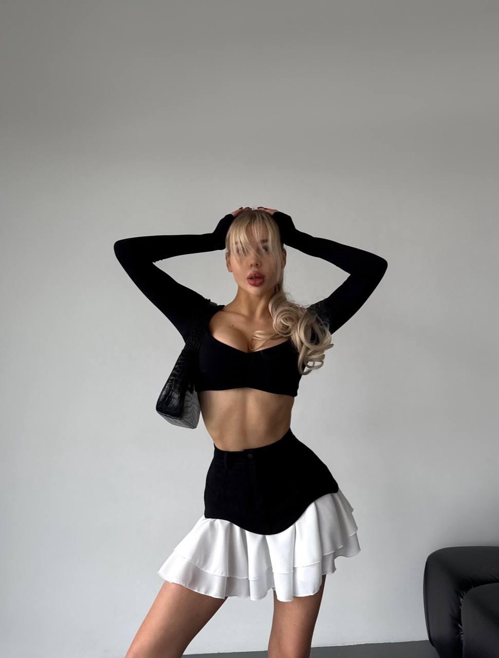 Трендовая женская юбка с имитацией баски верх джинс воланы креп шифон SM LXL черный голубой бежевый - фото 1 - id-p2540226171