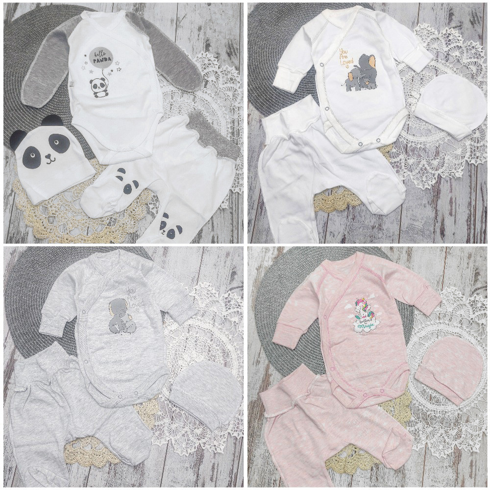 56-62 0-3 міс трикотажний костюмчик комплект на виписку боді повзунки шапочка для новонароджених у пологовий будинок 7018