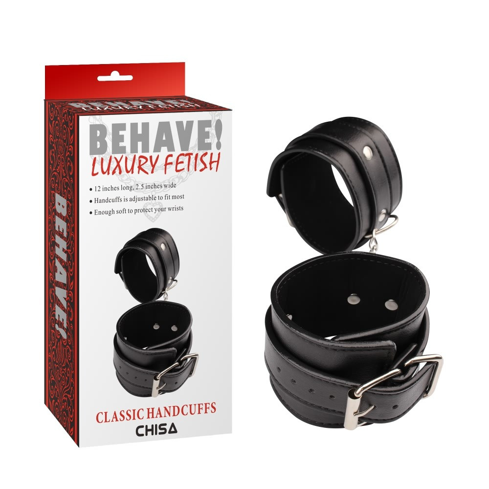 Наручники класичні Chisa Behave Luxury Fetish зі шкірозамінника, чорний Кітті, фото 1