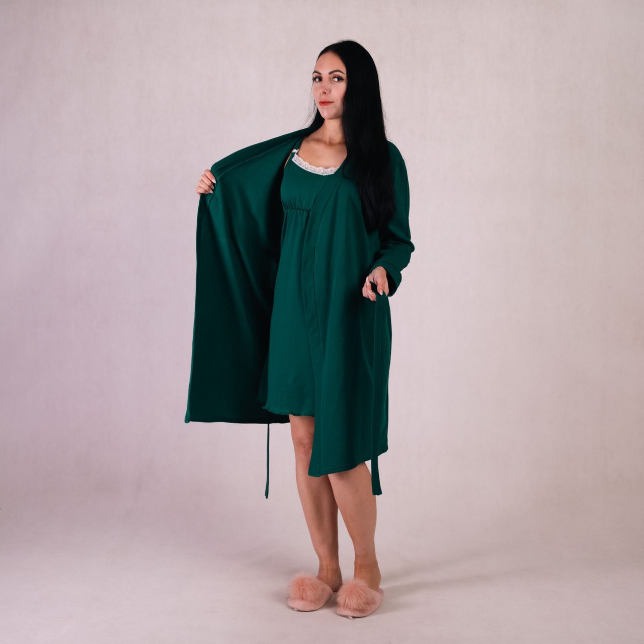 Комплект теплий халат та сорочка для вагітних і годуючих із трикотажу 44/46 (S/M) Віола Tiana Смарагдовий, фото 1