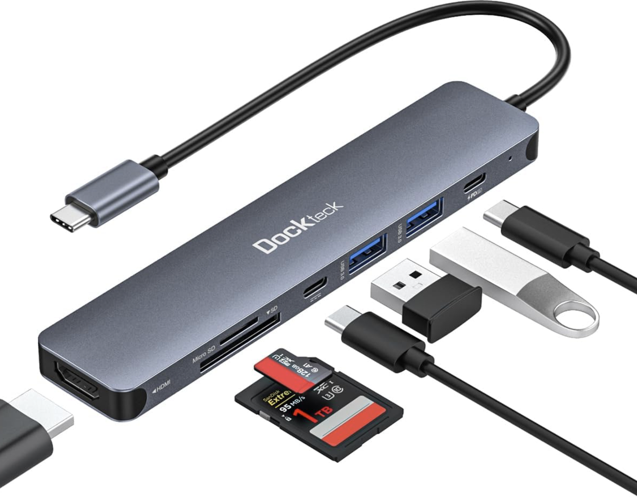 Хаб док-станція USB Type-C 7-в-1 з HDMI 4K 100W PD 5 Gbps USB-C 2 USB-A порти SD TF DockTeck DD0039, фото 1