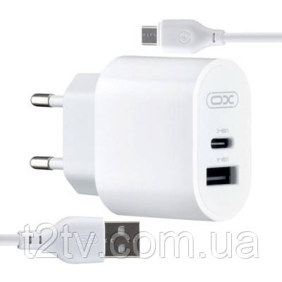 Зарядний пристрій XO L97 (1Type-C/1USB/2.4A) + USB - MicroUSB White (XO-L97-MC)