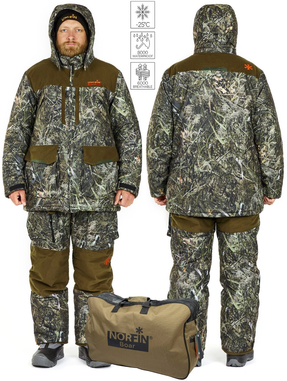 Костюм Norfin Boar Camo | Теплий, водонепроникний, камуфляжний, для полювання та риболовлі взимку, S (44-46)