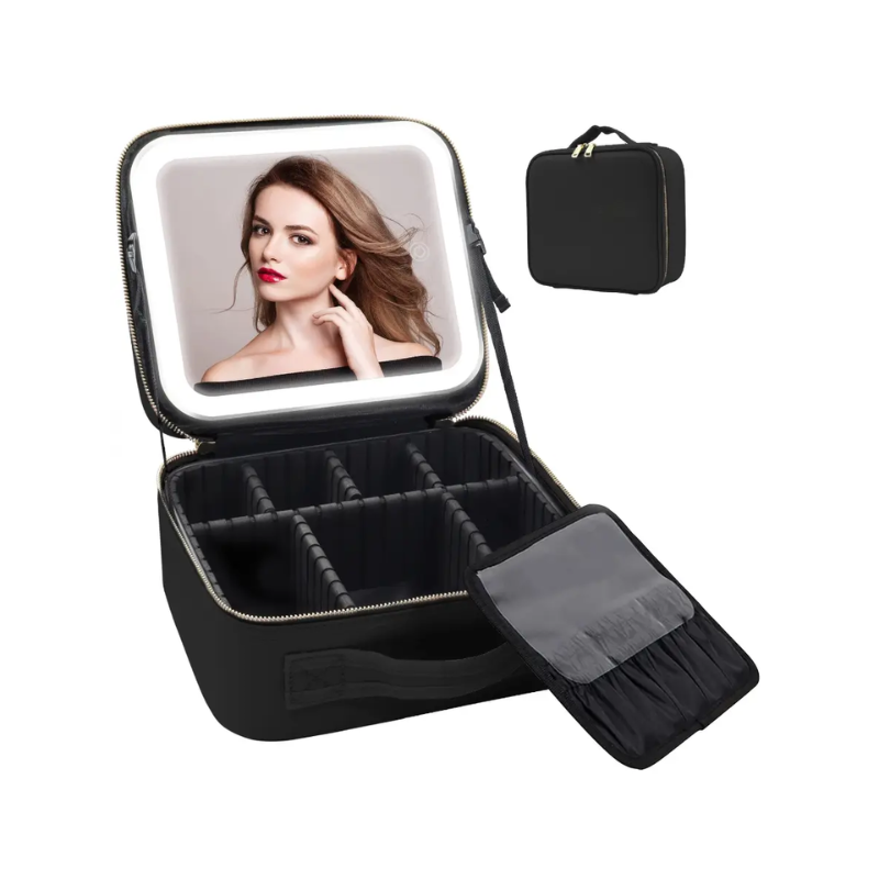 Дорожня косметичка органайзер із дзеркалом і LED-підсвіткою, б'юті-кейс з LED дзеркалом шкіряний - фото 1 - id-p2540541120