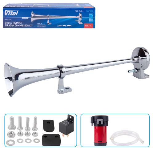 Сигнал пневматический воздушный VITOL CA-1340 1 дудка металл с компрессором 12B 420мм, фото 1